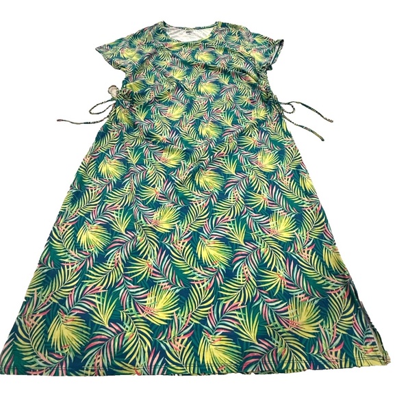Lands’ End Women’s 2X Stretch Jersey Dress Green Palm Leaf Print Cinch Ties Plus - Picture 6 of 11